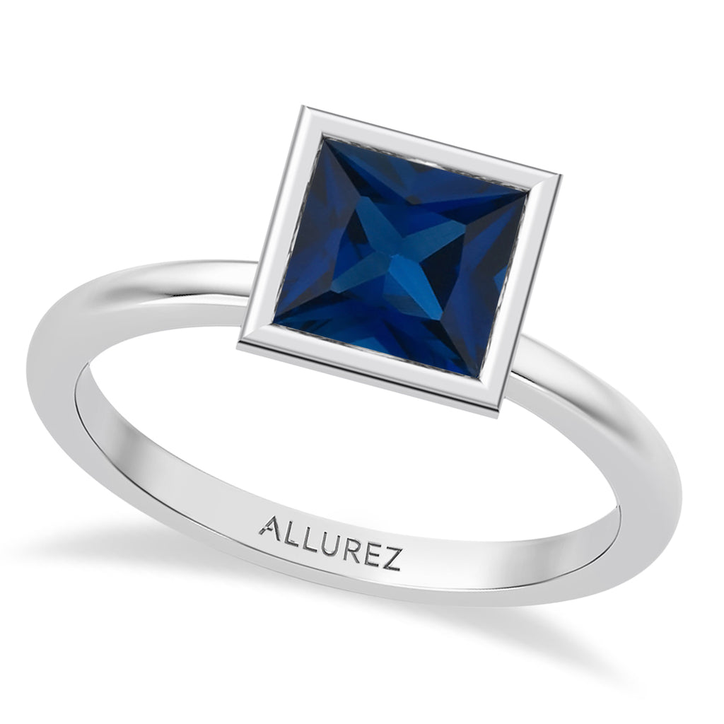Princess Cut Lab Blue Sapphire Bezel Engagement Ring 18K White Gold (1.80ct)
