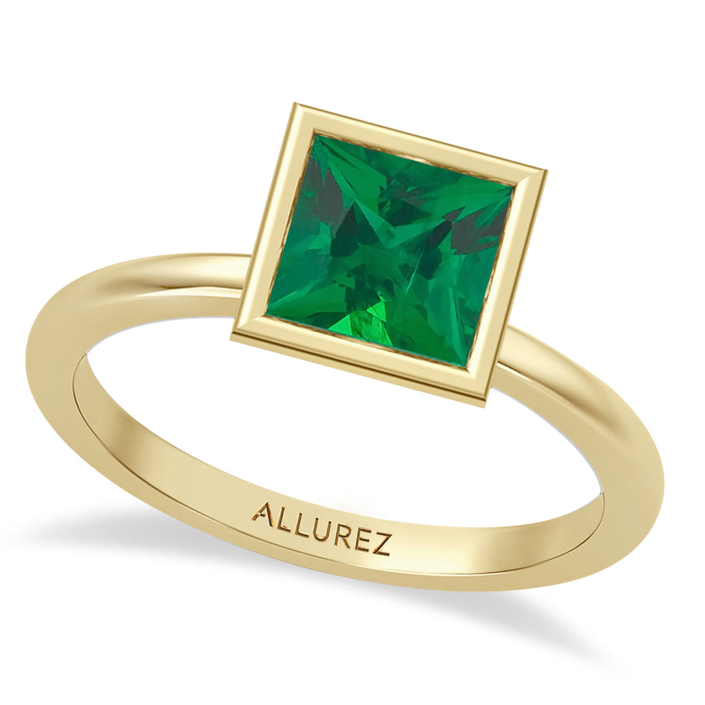 Princess Cut Lab Emerald Bezel Engagement Ring 14K Yellow Gold (1.25ct)