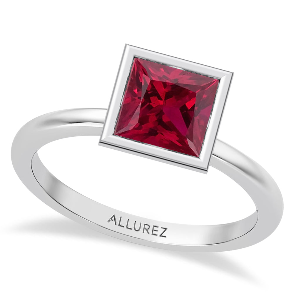 Princess Cut Lab Ruby Bezel Engagement Ring 18K White Gold (1.90ct)