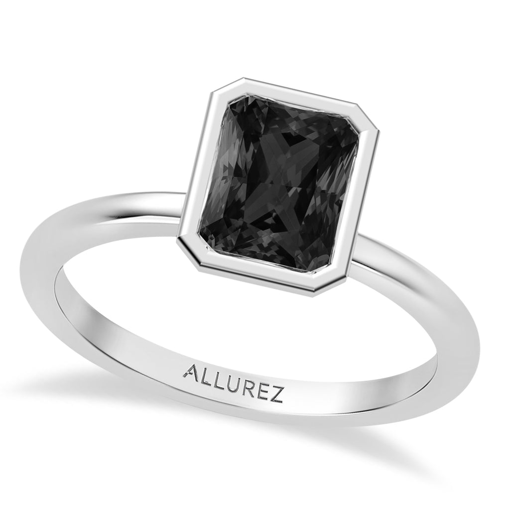 Radiant Cut Natural Black Diamond Bezel Engagement Ring 14K White Gold (1.70ct)