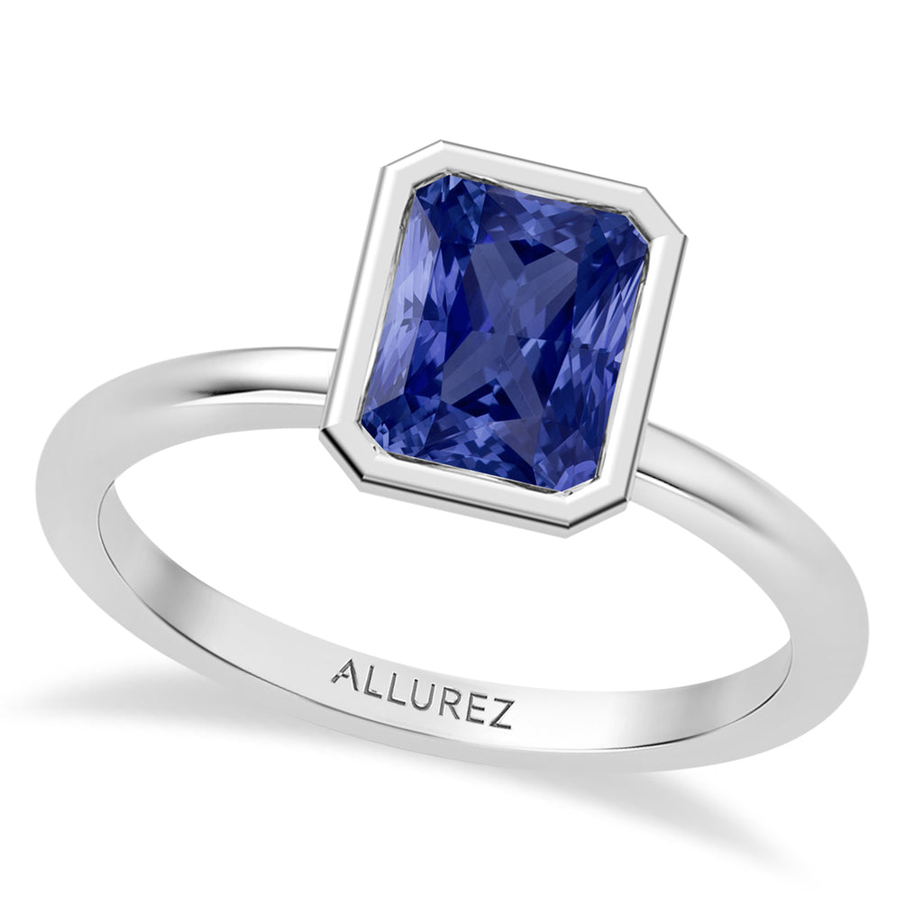 Radiant Cut Lab Blue Sapphire Bezel Engagement Ring 18K White Gold (1.50ct)