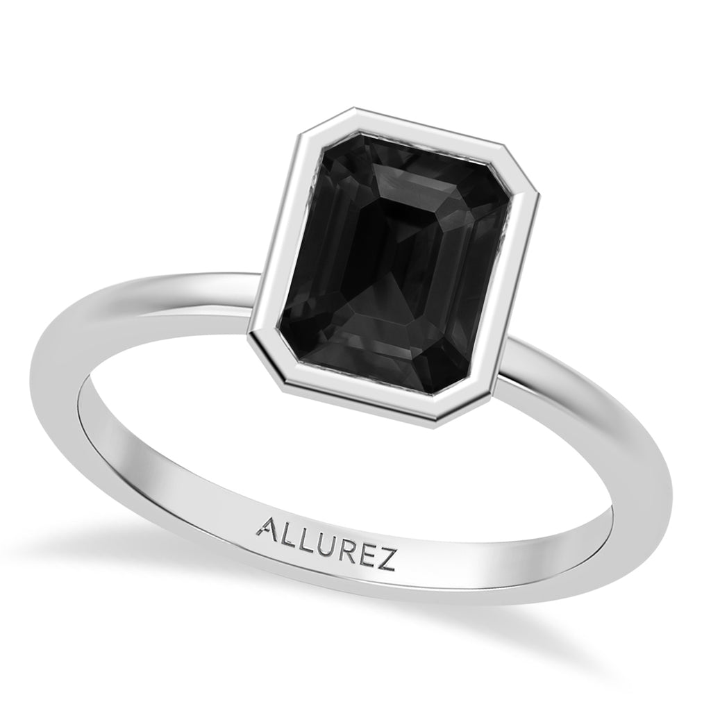 Emerald Cut Natural Black Diamond Bezel Engagement Ring in Platinum (1.50ct)