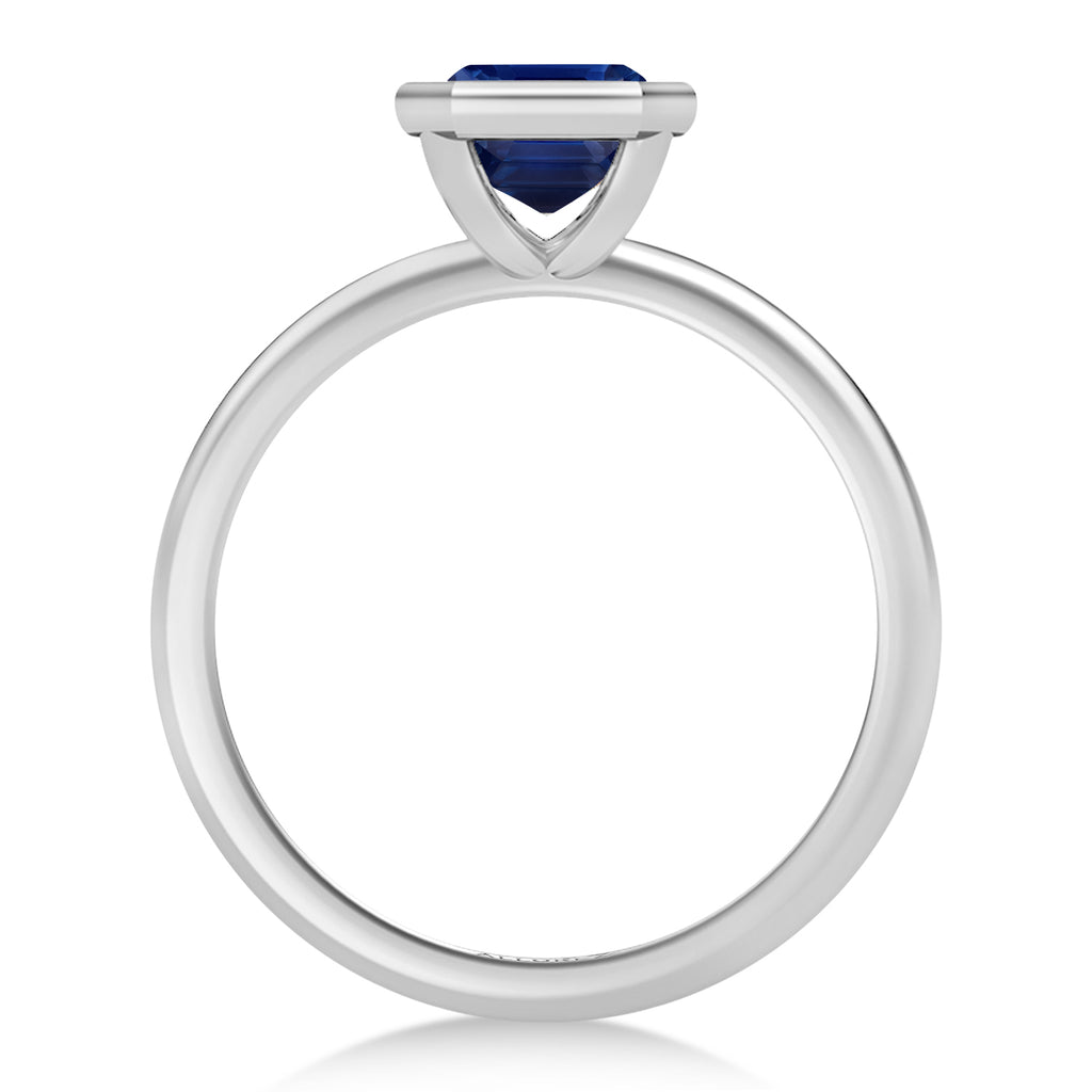 Emerald Cut Lab Blue Sapphire Bezel Engagement Ring 14K White Gold (2.00ct)