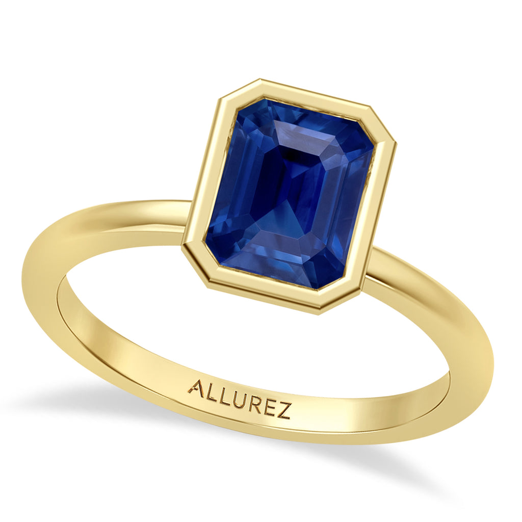 Emerald Cut Lab Blue Sapphire Bezel Engagement Ring 18K Yellow Gold (2.00ct)