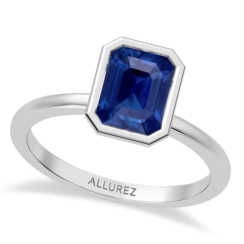 Emerald Cut Lab Blue Sapphire Bezel Engagement Ring in Palladium (2.00ct)