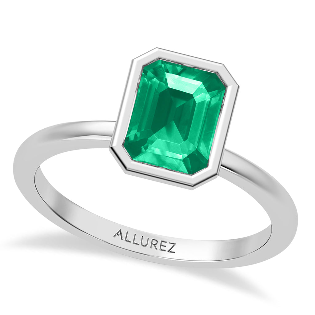 Emerald Cut Lab Emerald Bezel Engagement Ring 18K White Gold (1.30ct)