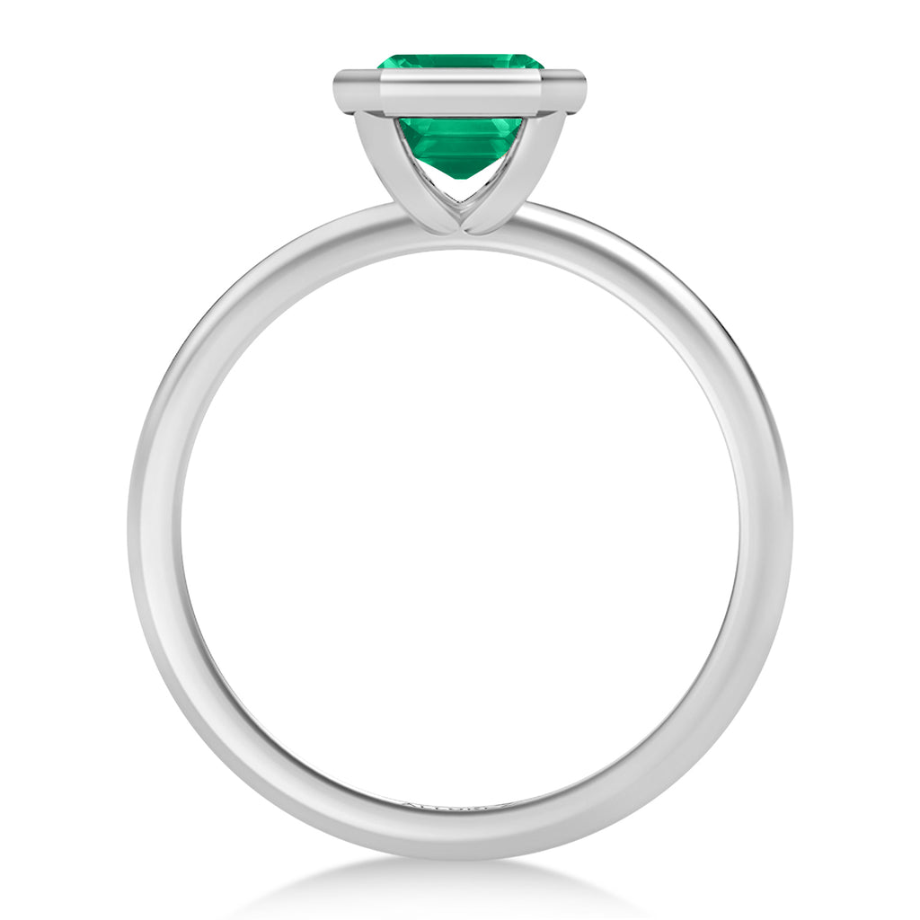 Emerald Cut Lab Emerald Bezel Engagement Ring 18K White Gold (1.30ct)