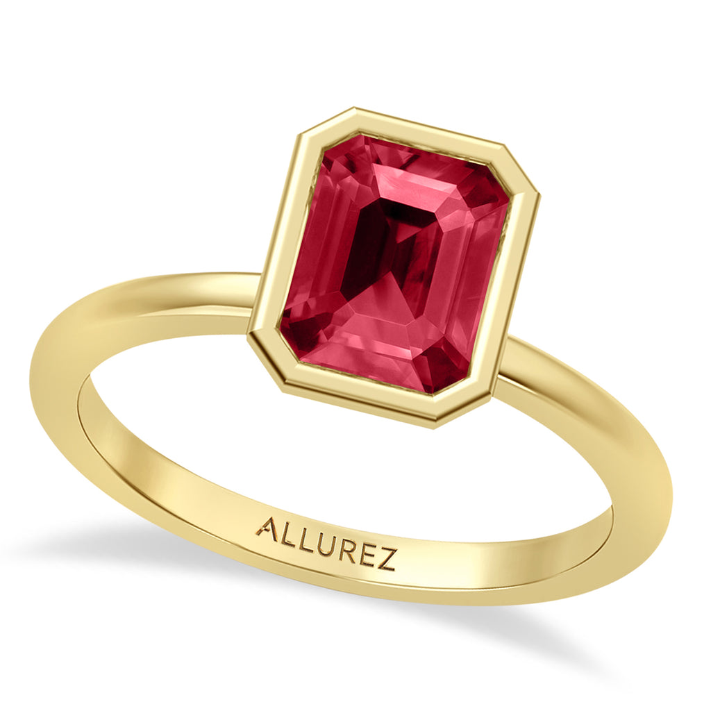 Emerald Cut Lab Ruby Bezel Engagement Ring 18K Yellow Gold (2.00ct)