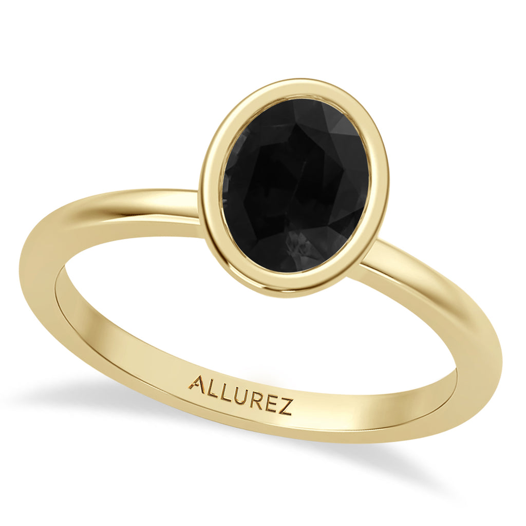 Oval Natural Black Diamond Bezel Engagement Ring 14K Yellow Gold (1.25ct)