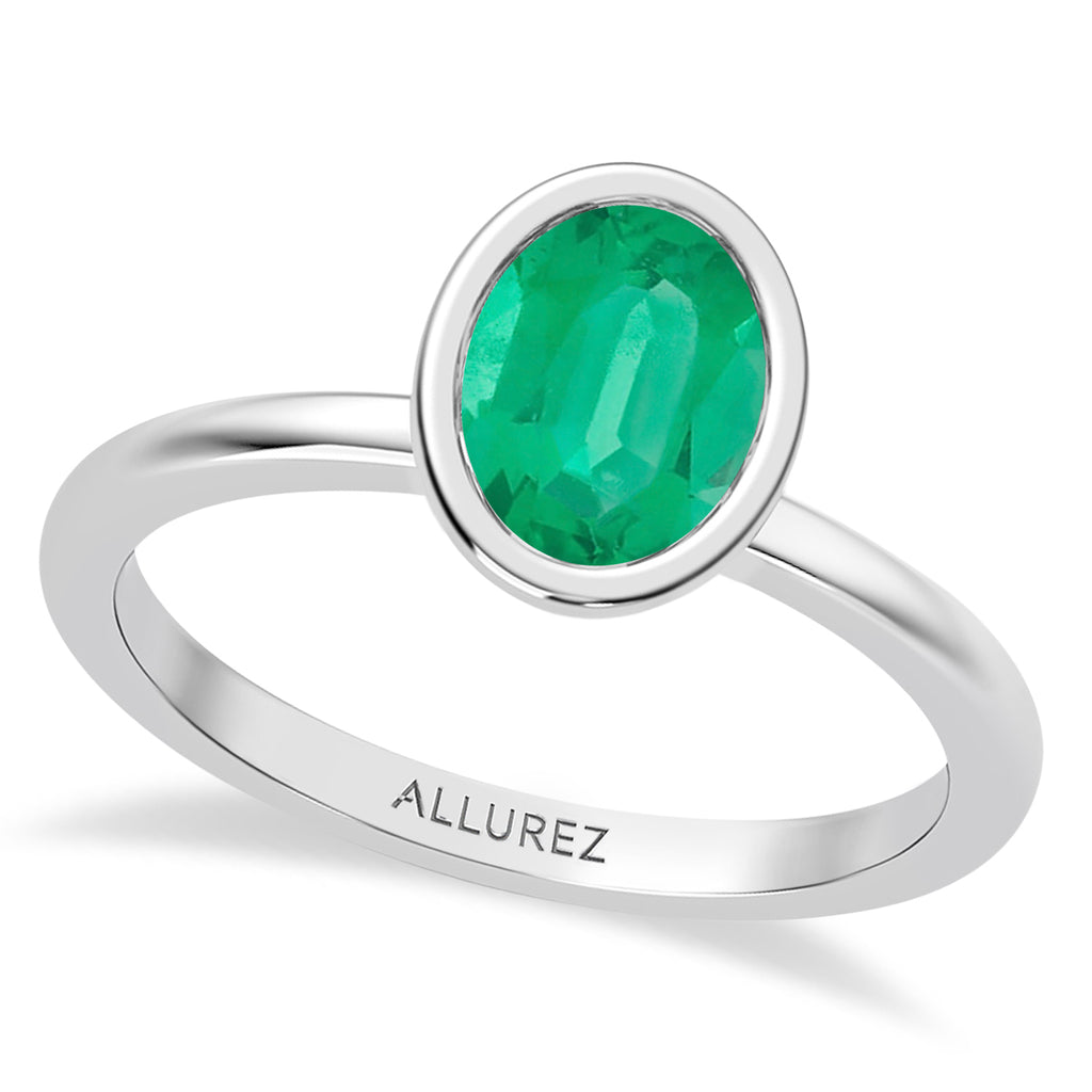 Oval Lab Emerald Bezel Engagement Ring 18K White Gold (1.14ct)