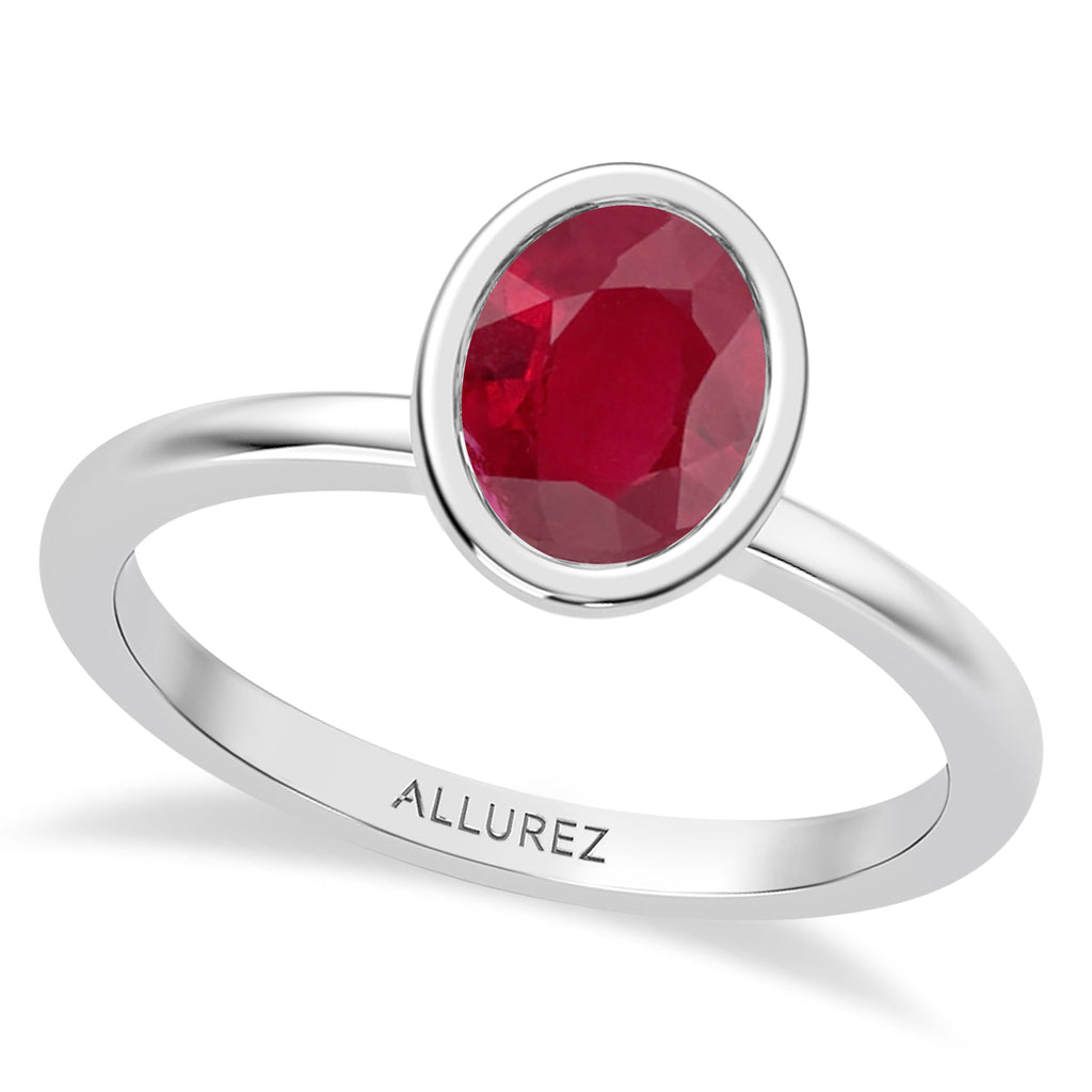 Oval Lab Ruby Bezel Engagement Ring 14K White Gold (1.74ct)