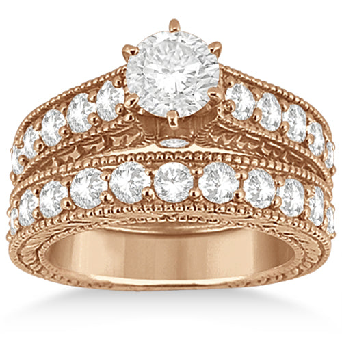 Antique Diamond Wedding & Engagement Ring Set 14k Rose Gold (2.15ct)