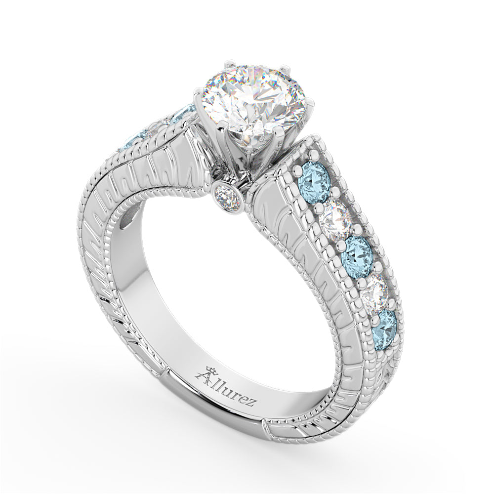 Vintage Diamond & Aquamarine Engagement Ring Setting 14k White Gold (1.35ct)