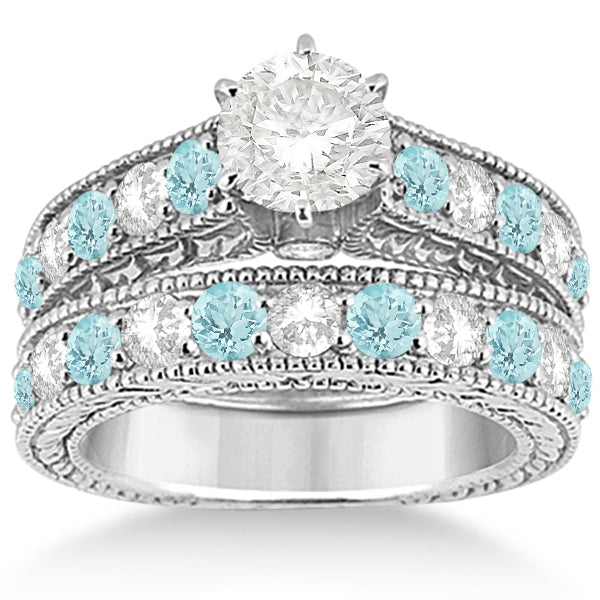 Antique Diamond & Aquamarine Bridal Wedding Ring Set 14k White Gold (2.75ct)