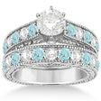 Antique Diamond & Aquamarine Bridal Wedding Ring Set 14k White Gold (2.75ct)