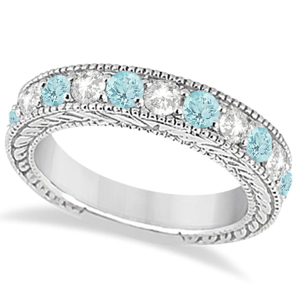 Antique Diamond & Aquamarine Bridal Wedding Ring Set 18k White Gold (2.75ct)