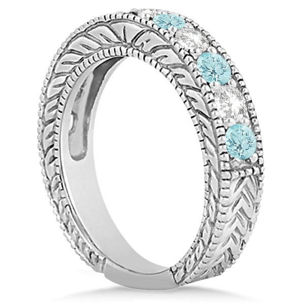 Antique Diamond & Aquamarine Bridal Wedding Ring Set 18k White Gold (2.75ct)