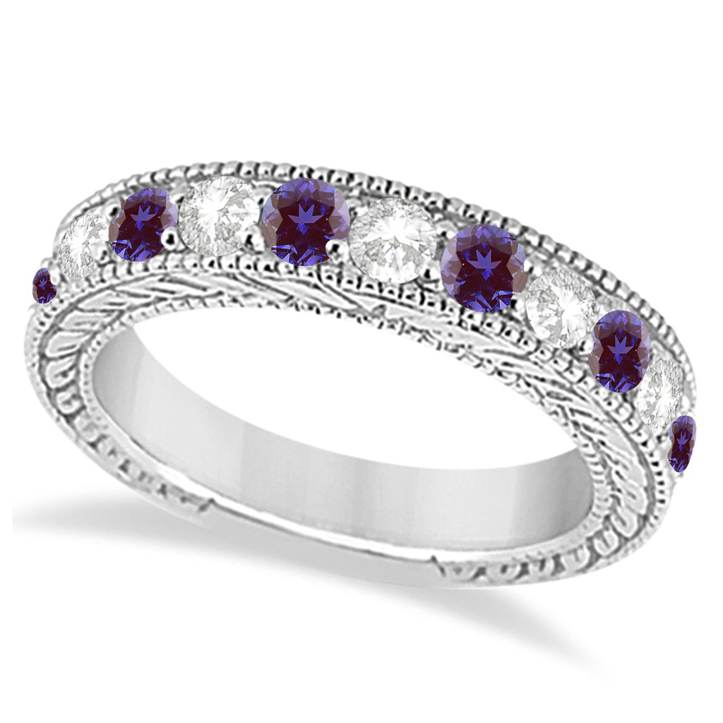 Antique Diamond & Lab Alexandrite Bridal Ring Set 14k White Gold (2.87ct)