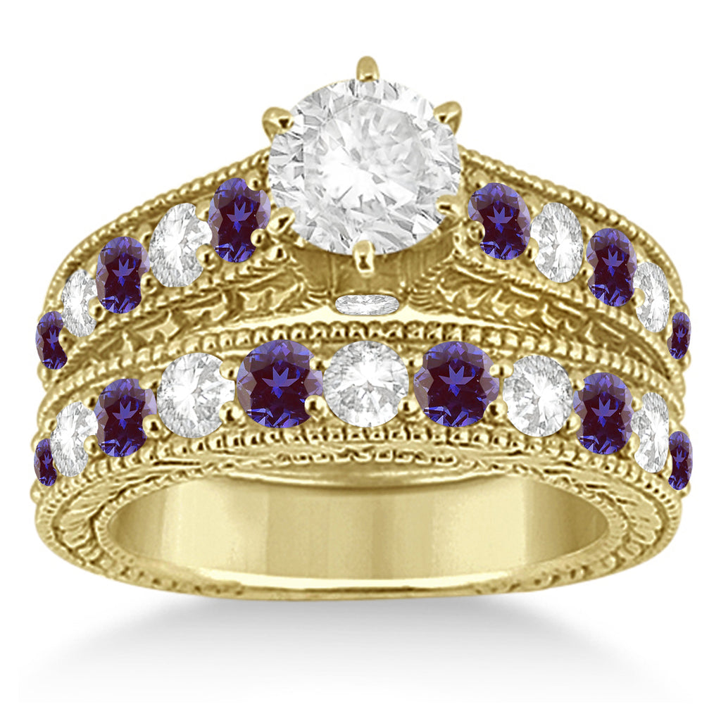 Antique Diamond & Lab Alexandrite Bridal Ring Set 14k Yellow Gold (2.87ct)