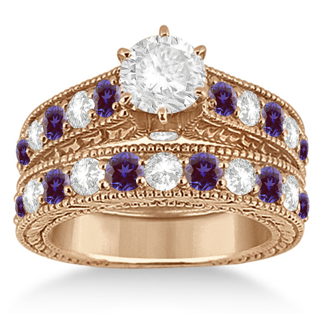 Antique Diamond & Lab Alexandrite Bridal Ring Set 18k Rose Gold (2.87ct)