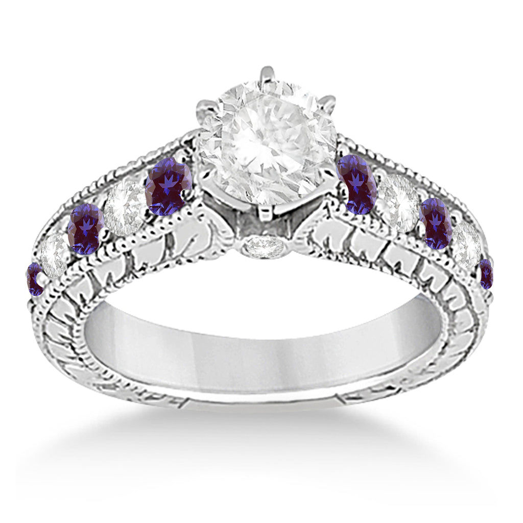 Antique Diamond & Lab Alexandrite Bridal Ring Set 18k White Gold (2.87ct)