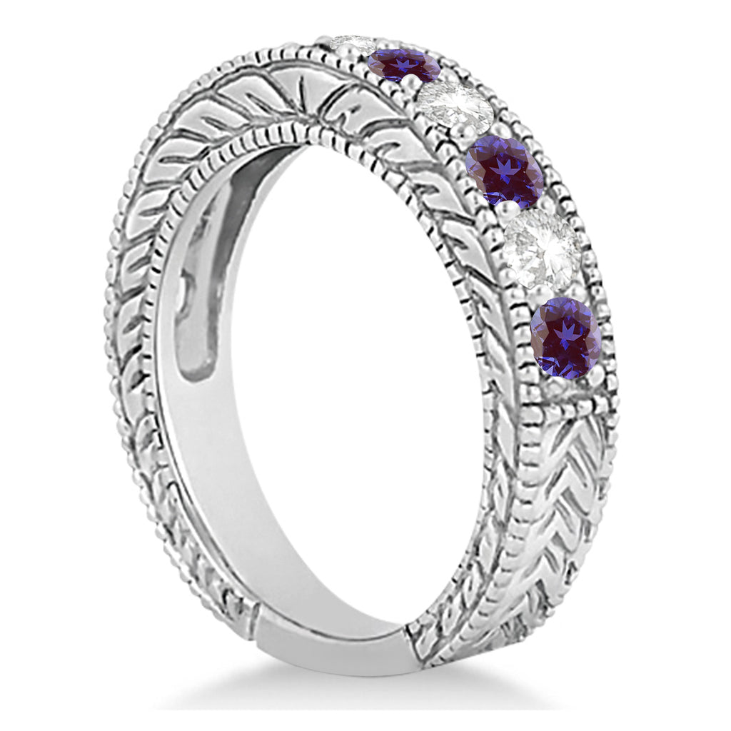 Antique Diamond & Lab Alexandrite Bridal Ring Set 18k White Gold (2.87ct)