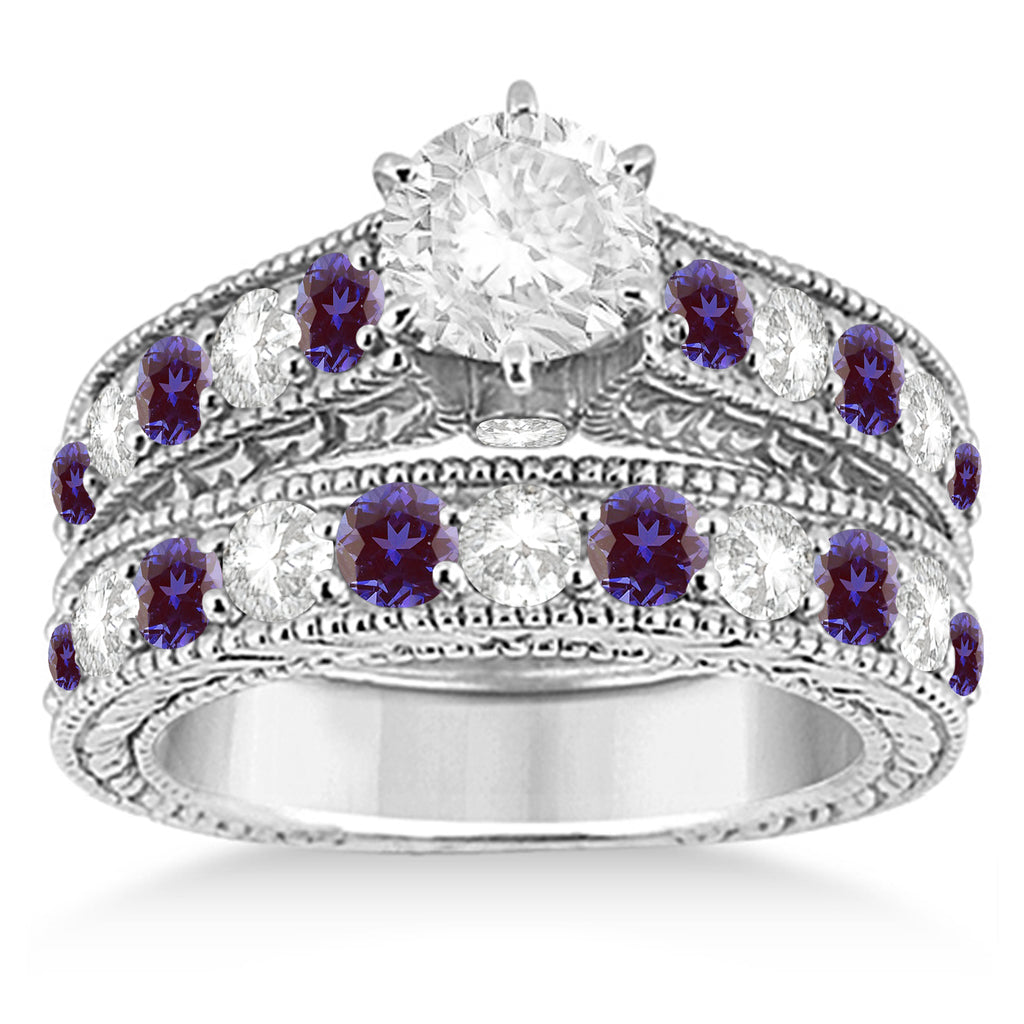 Antique Diamond & Lab Alexandrite Bridal Ring Set in Solid Palladium (2.87ct)