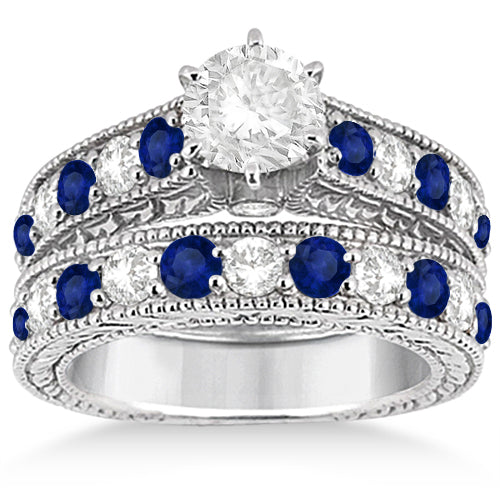 Antique Diamond & Sapphire Bridal Ring Set 14k White Gold (2.87ct)