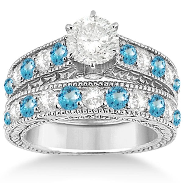 Antique Diamond & Blue Topaz Bridal Wedding Ring Set 14k White Gold (2.75ct)