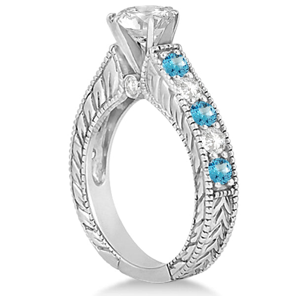 Antique Diamond & Blue Topaz Bridal Wedding Ring Set 18k White Gold (2.75ct)