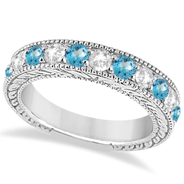 Antique Diamond & Blue Topaz Bridal Wedding Ring Set 18k White Gold (2.75ct)