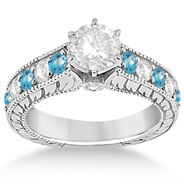 Antique Diamond & Blue Topaz Bridal Wedding Ring Set in Palladium (2.75ct)
