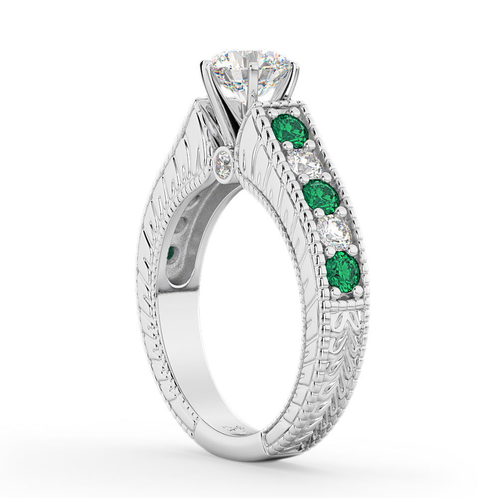 Vintage Diamond & Emerald Engagement Ring 14k White Gold (1.23ct)