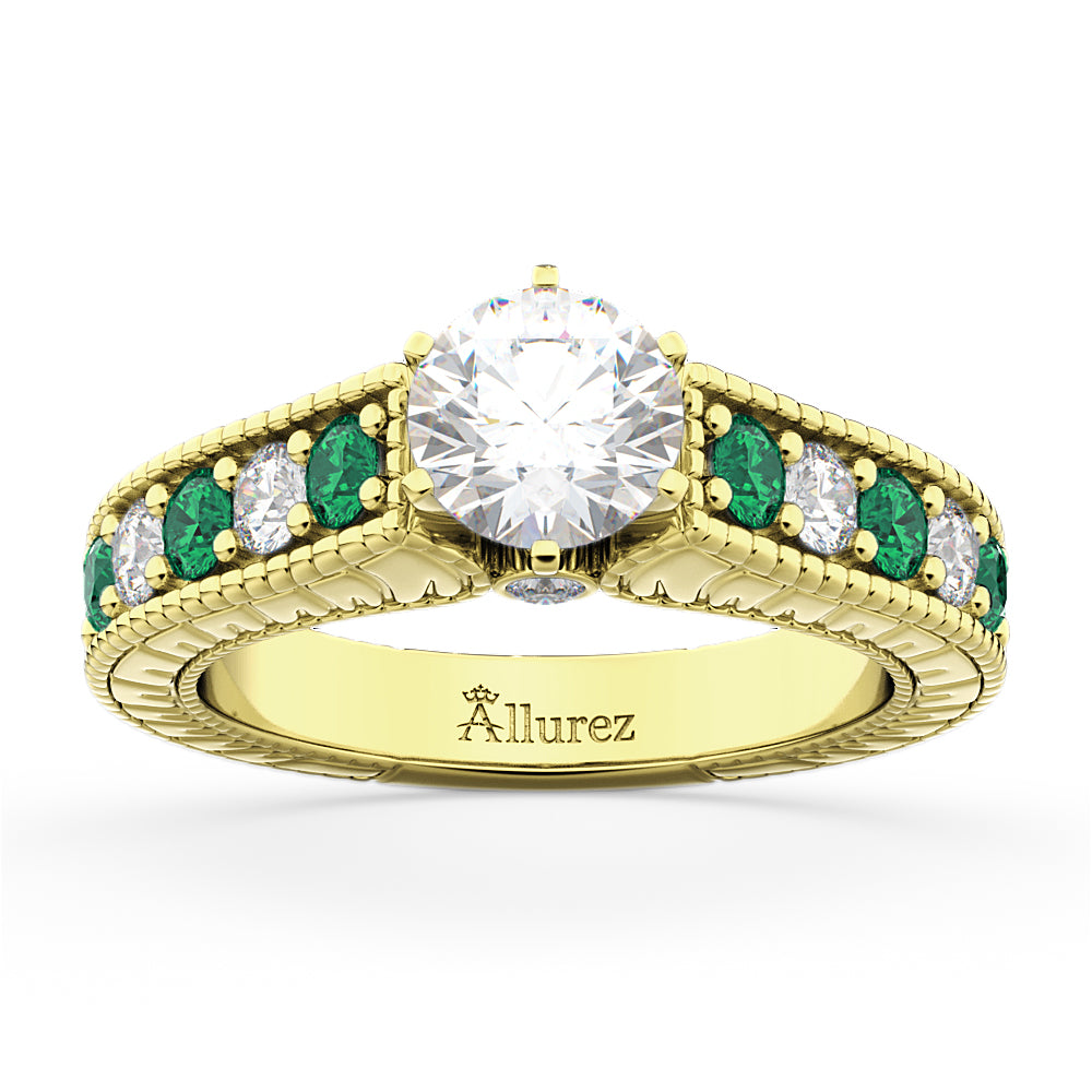 Vintage Diamond & Emerald Engagement Ring 14k Yellow Gold (1.23ct)