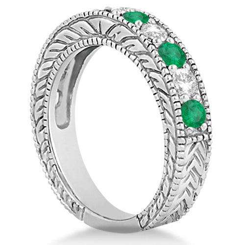 Antique Diamond & Emerald Bridal Ring Set 14k White Gold (2.51ct)