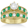 Antique Diamond & Emerald Bridal Ring Set 14k Yellow Gold (2.51ct)