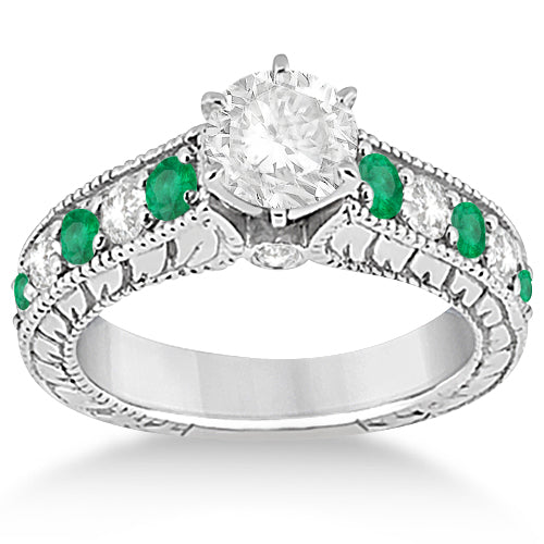 Antique Diamond & Emerald Bridal Ring Set 18k White Gold (2.51ct)