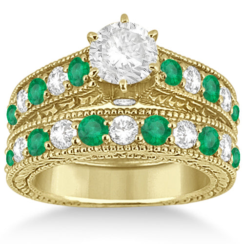 Antique Diamond & Emerald Bridal Ring Set 18k Yellow Gold (2.51ct)