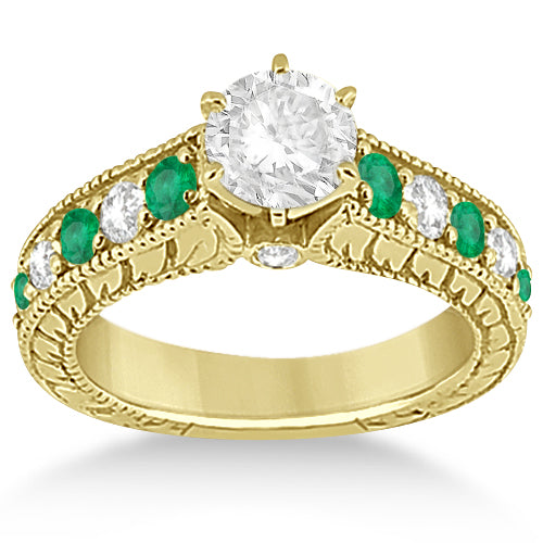 Antique Diamond & Emerald Bridal Ring Set 18k Yellow Gold (2.51ct)