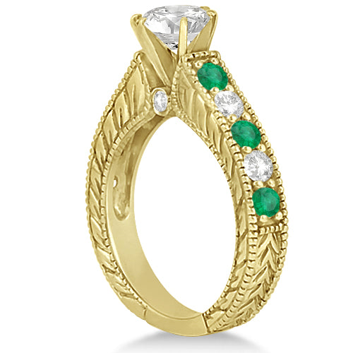 Antique Diamond & Emerald Bridal Ring Set 18k Yellow Gold (2.51ct)