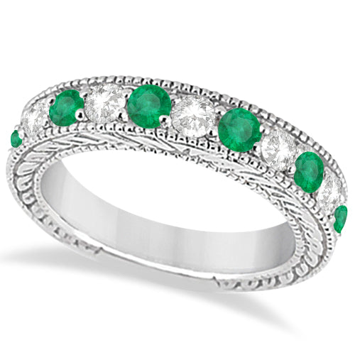 Antique Diamond & Emerald Wedding Ring Band 14k White Gold (1.28ct)