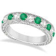 Antique Diamond & Emerald Wedding Ring Band 18k White Gold (1.28ct)
