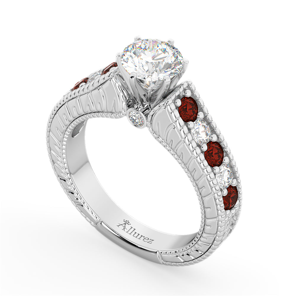 Vintage Diamond & Garnet Engagement Ring Setting 14k White Gold (1.35ct)