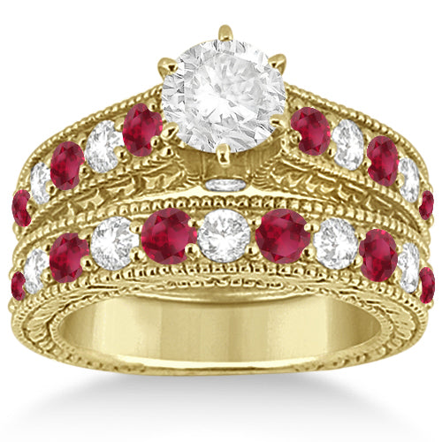Antique Diamond & Ruby Bridal Ring Set in 14k Yellow Gold (2.75ct)