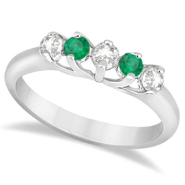 Five Stone Diamond and Emerald Bridal Ring Set 14k White Gold (0.98ct)