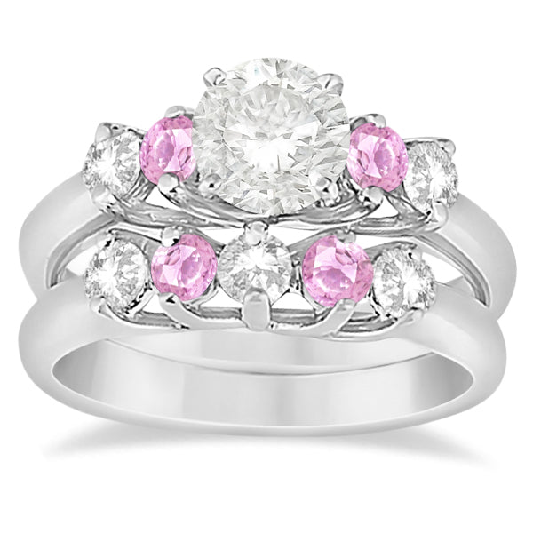 Five Stone Diamond & Pink Sapphire Bridal Ring Set 14k Wht Gold, 1.10ct