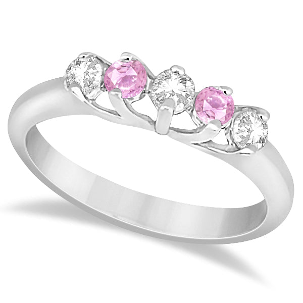 Five Stone Diamond & Pink Sapphire Bridal Ring Set 14k Wht Gold, 1.10ct
