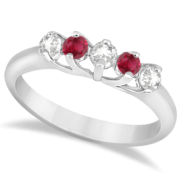 Five Stone Diamond and Ruby Bridal Ring Set 14k White Gold (1.10ct)