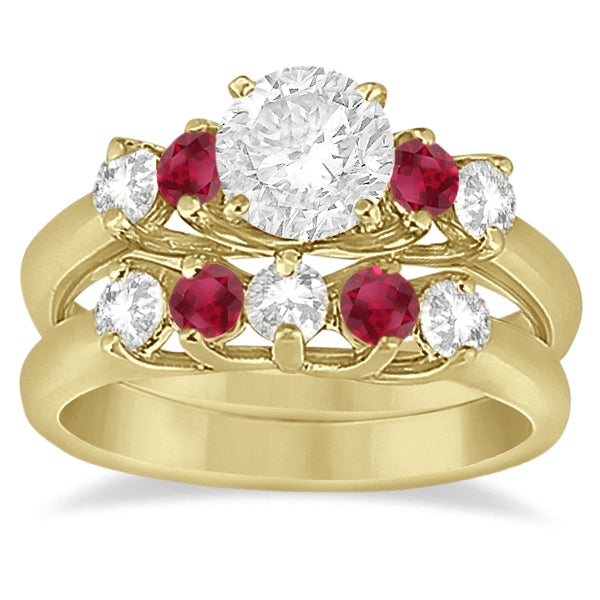 Five Stone Diamond and Ruby Bridal Ring Set 18k Yellow Gold (1.10ct)
