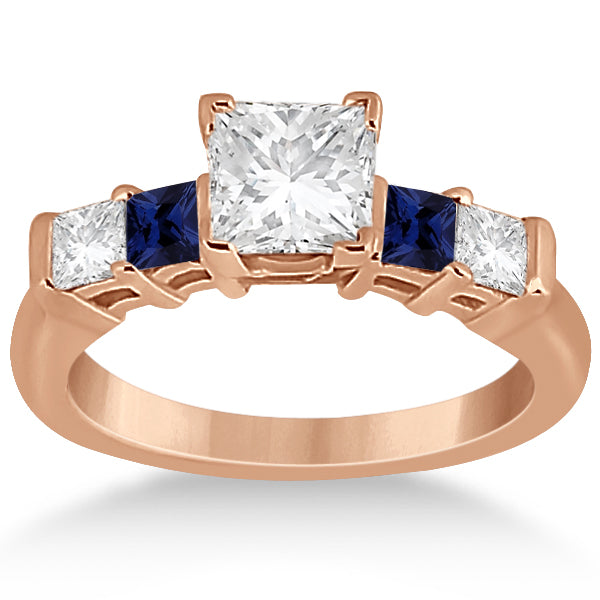 5 Stone Princess Diamond & Sapphire Engagement Ring 14K R. Gold 0.46ct